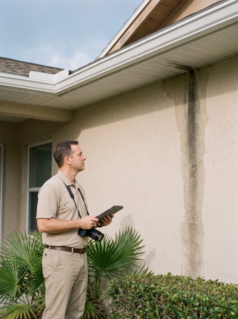 Public adjuster documenting property damage during an inspection