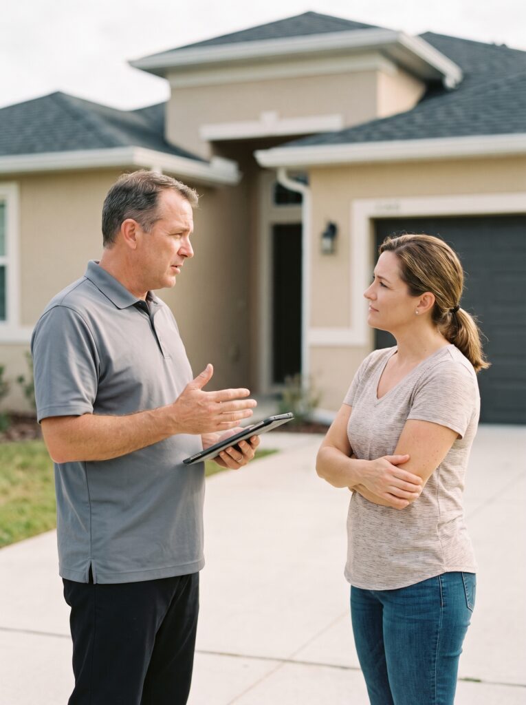 Public adjuster and homeowner reviewing the next step of a property claim